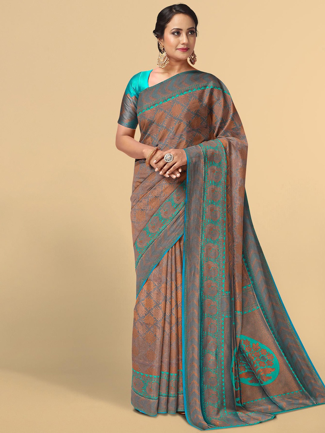 

Kalamandir Blue & Brown Woven Design Zari Silk Blend Saree