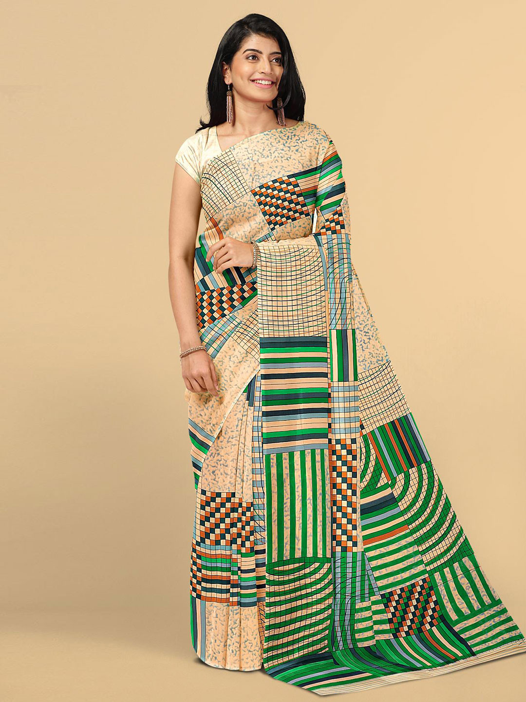 

Kalamandir Orange & Green Abstract Printed Silk Blend Saree