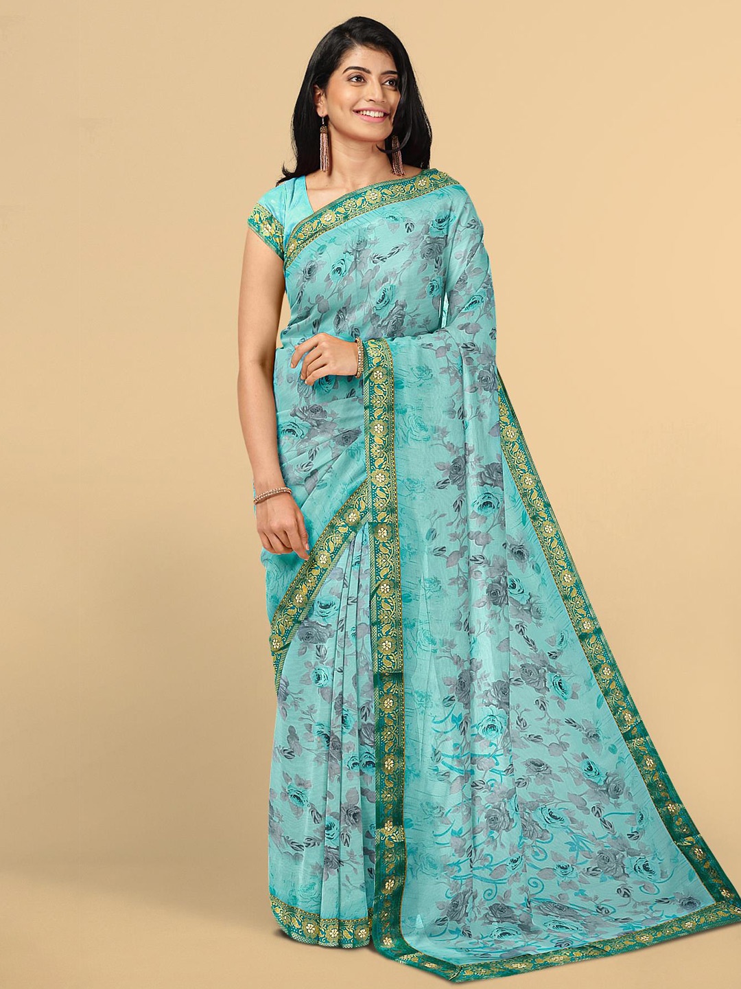 

Kalamandir Blue & Green Floral Printed Poly Georgette Saree