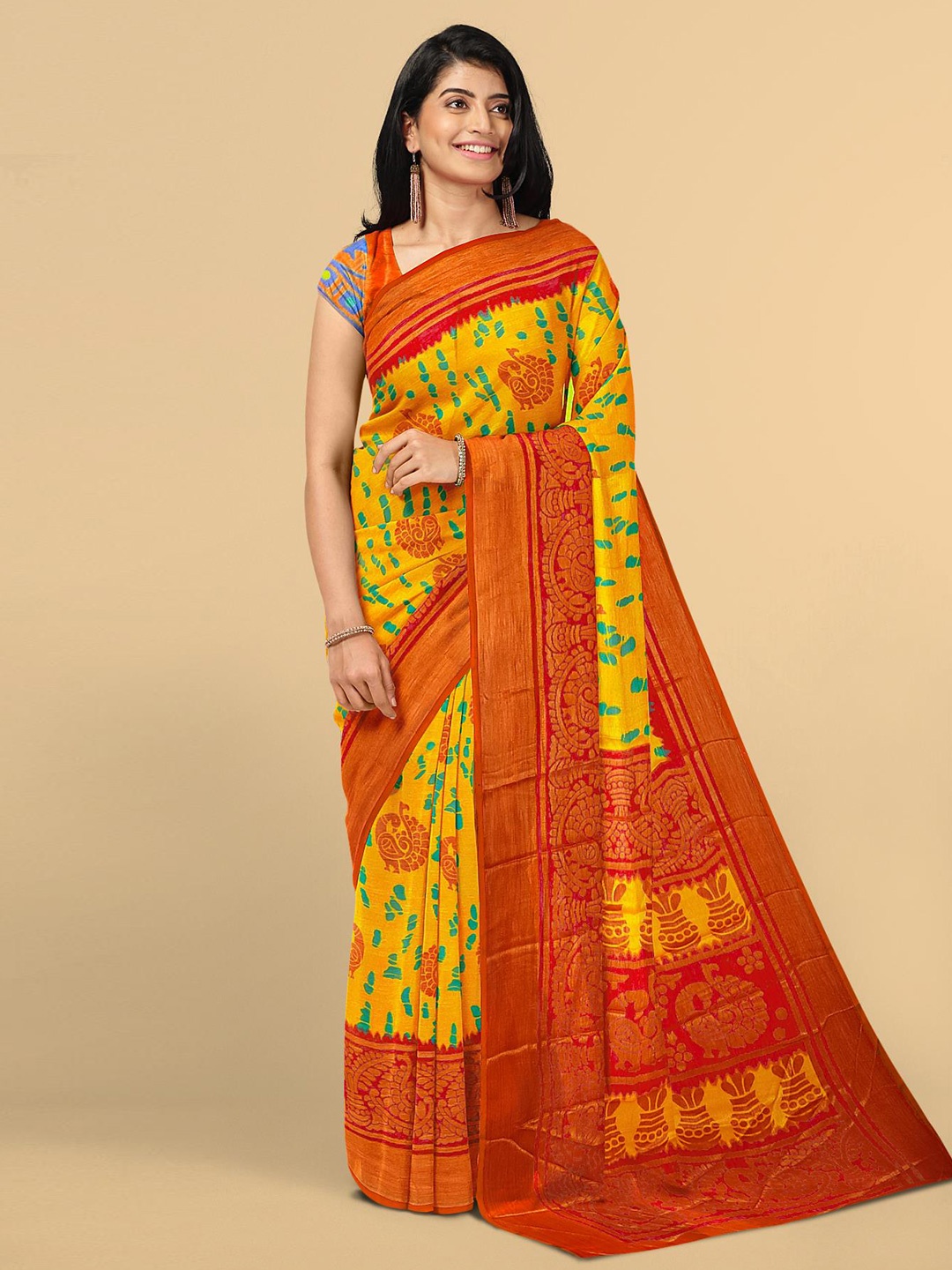 

Kalamandir Yellow & Red Ethnic Motifs Zari Silk Blend Saree