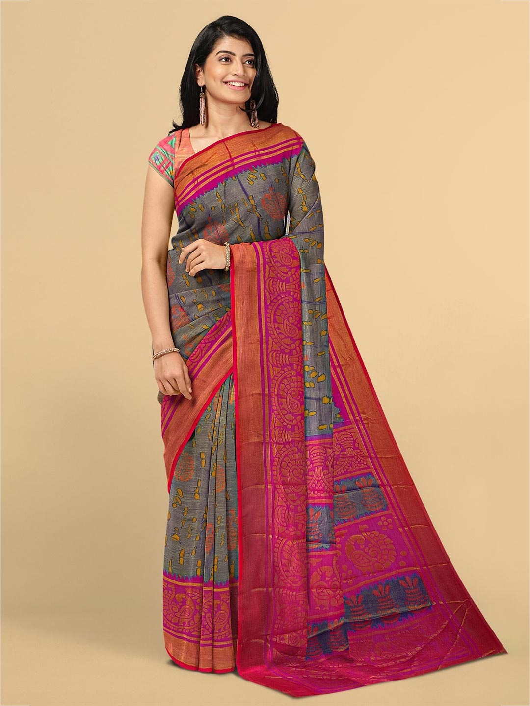 

Kalamandir Women Blue & Pink Printed Silk Blend Saree