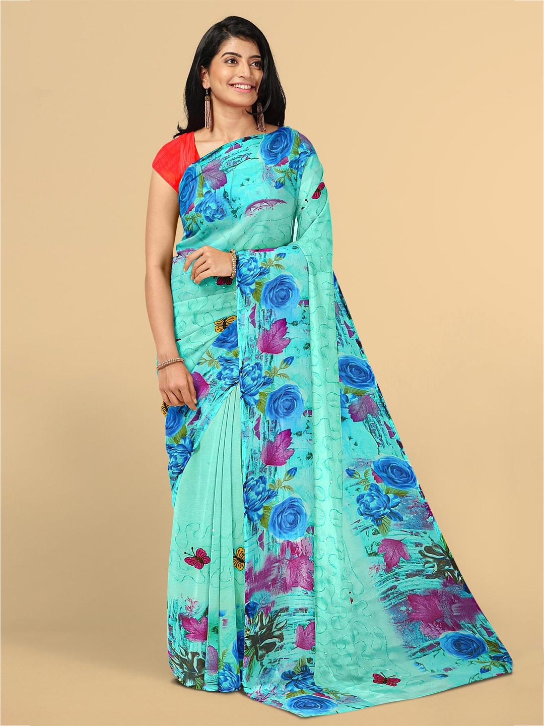 

Kalamandir Sea Green & Purple Floral Silk Blend Saree