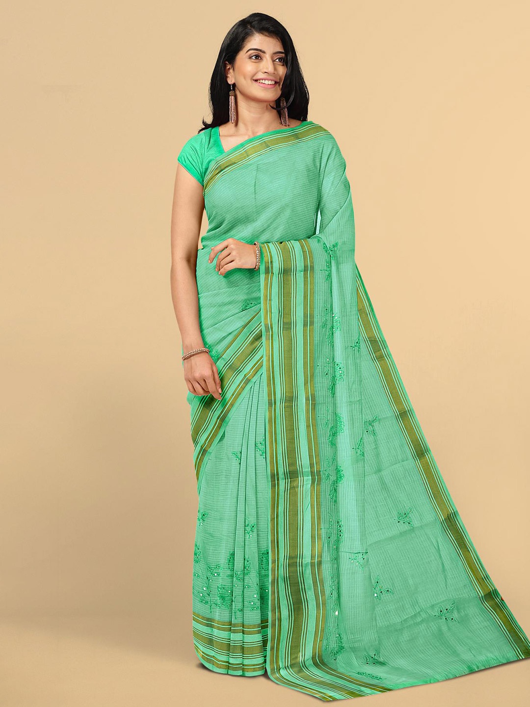 

Kalamandir Sea Green & Gold-Toned Printed Striped Mirror Work Silk Blend Saree