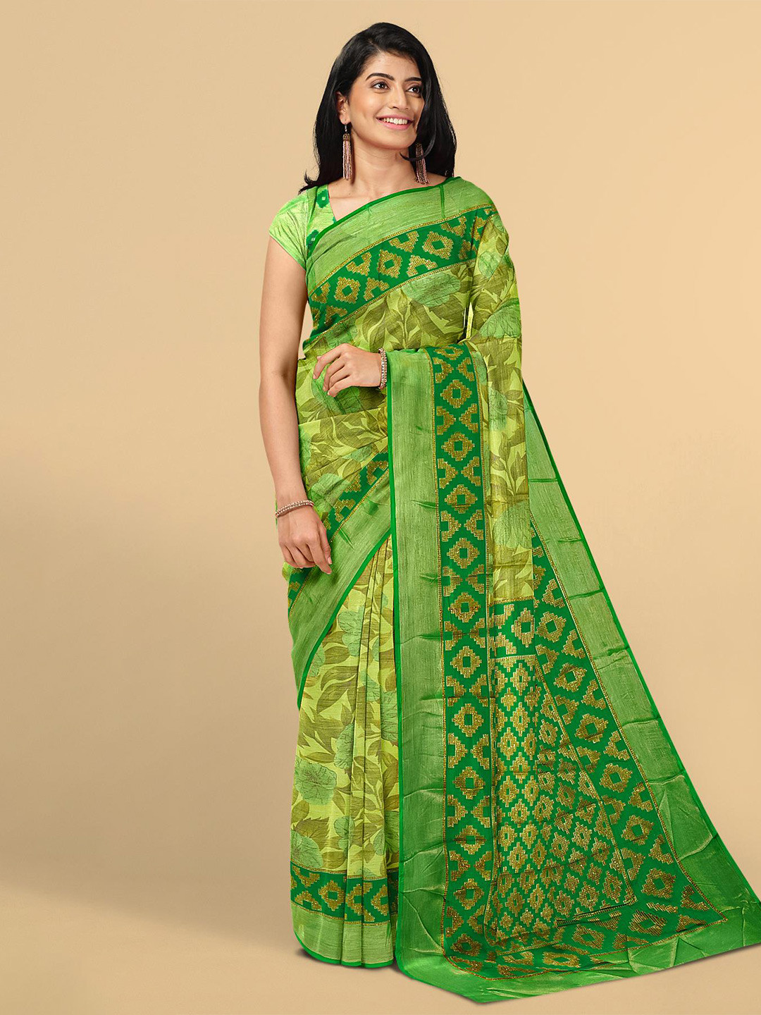 

Kalamandir Green & Gold-Toned Floral Zari Silk Blend Saree