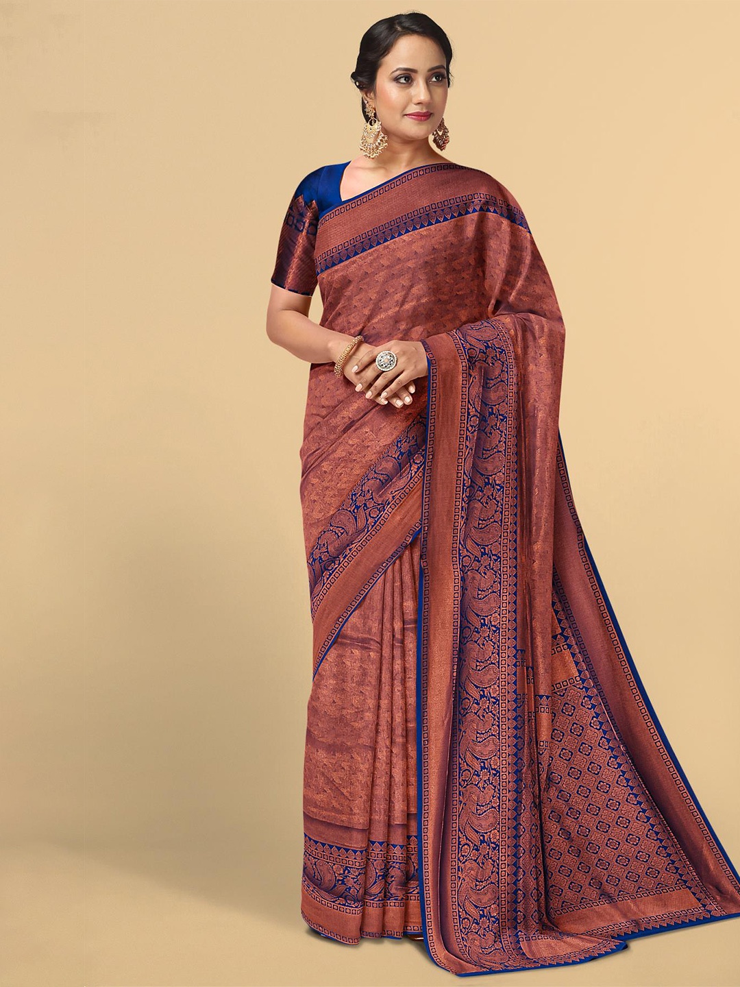 

Kalamandir Navy Blue & Brown Woven Design Zari Silk Blend Saree