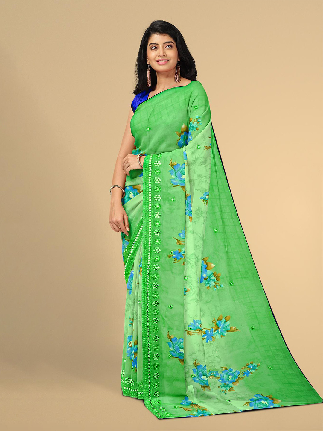 

Kalamandir Green & Blue Floral Embroidered Georgette Saree