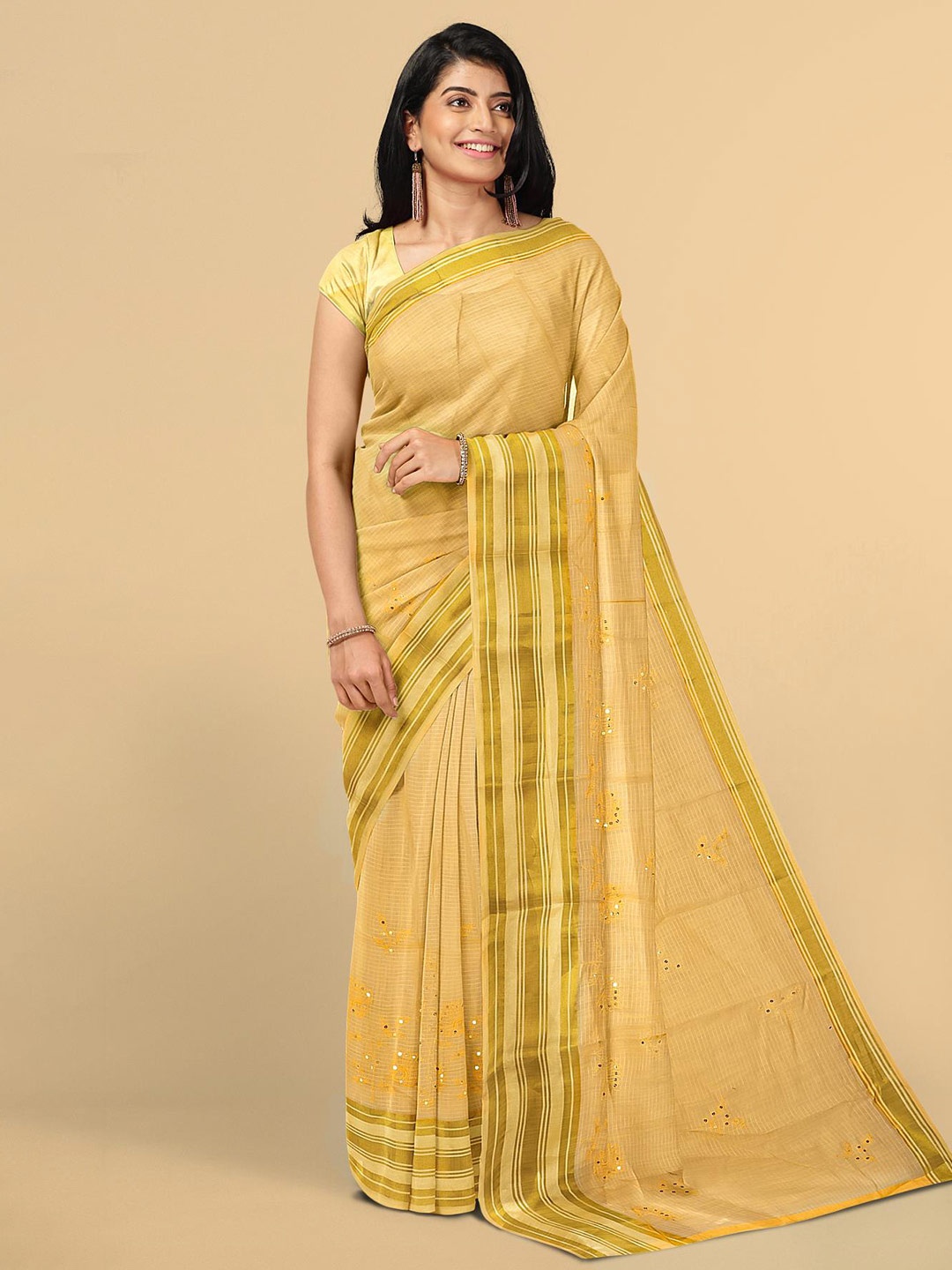 

Kalamandir Yellow & Brown Striped Silk Blend Saree