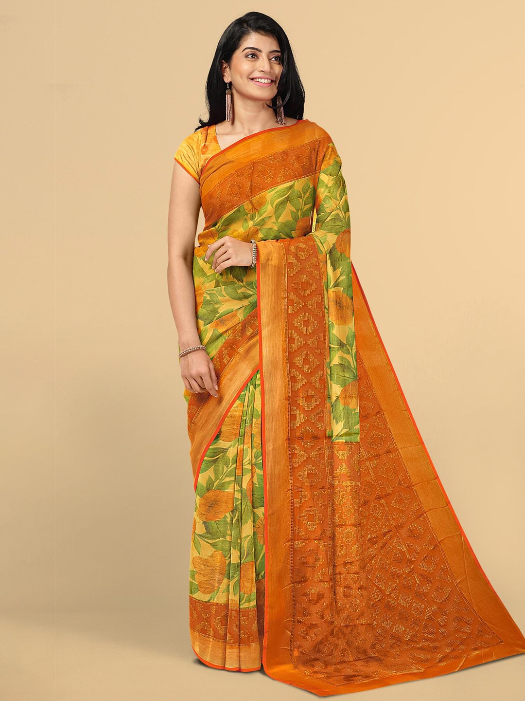 

Kalamandir Olive Green & Orange Floral Zari Silk Blend Saree