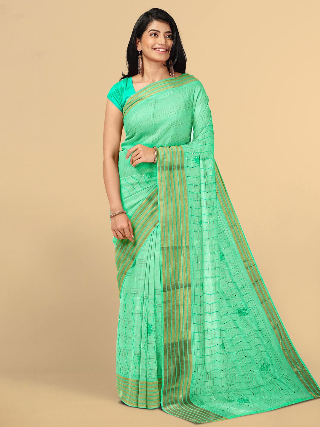 

Kalamandir Sea Green & Gold-Toned Striped Zari Silk Blend Saree