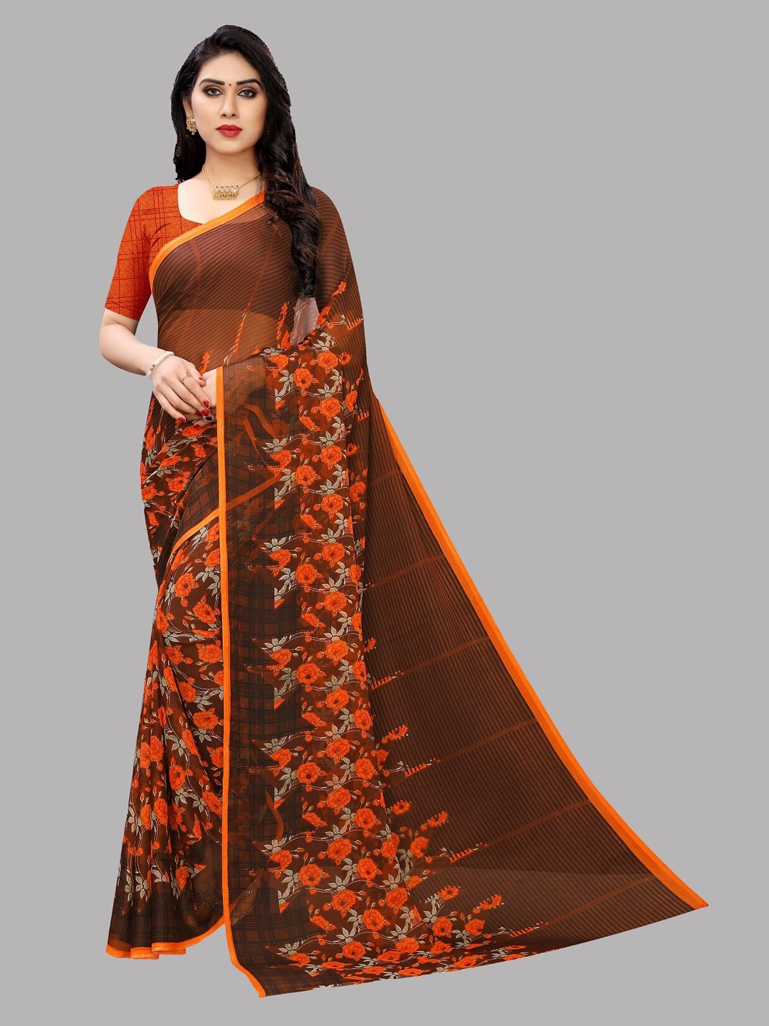 

Fashionuma Brown & Orange Floral Saree