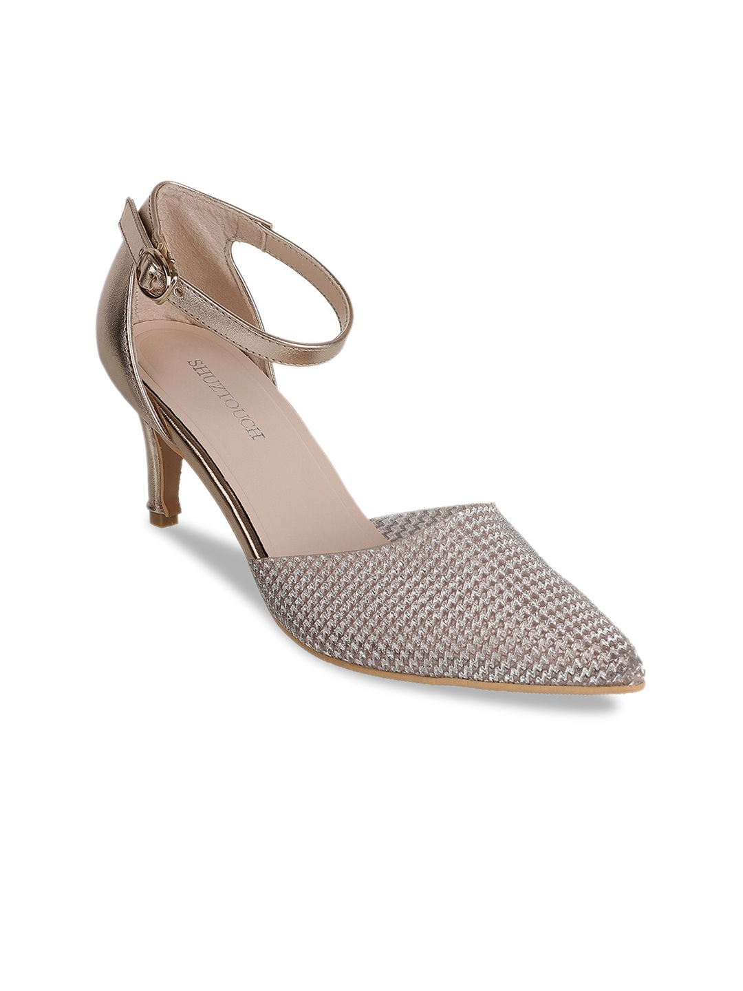 

SHUZ TOUCH Silver-Toned Textured Stiletto Peep Toes with Buckles