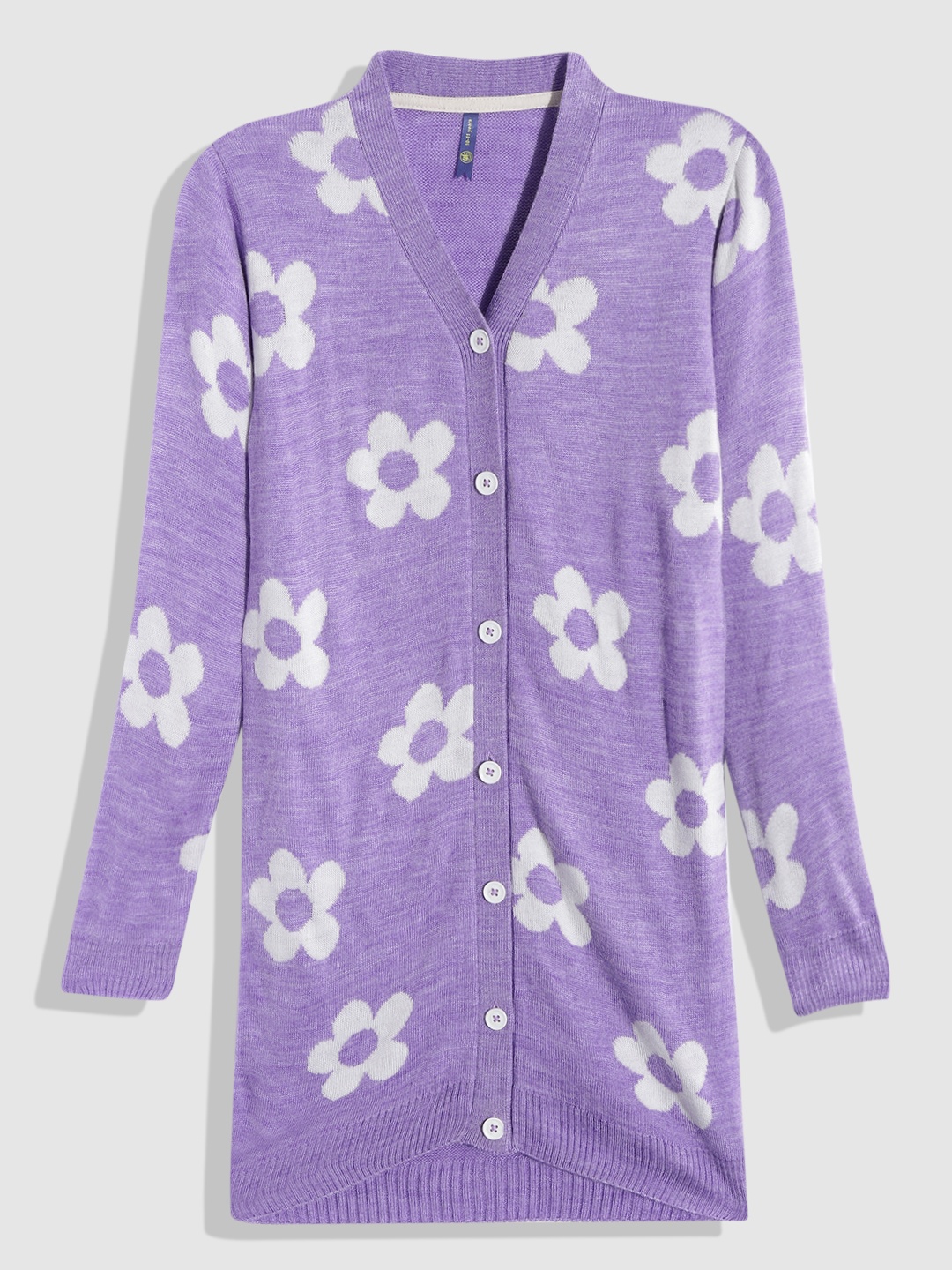 

YK Girls Lavender & White Floral Printed Longline Cardigan