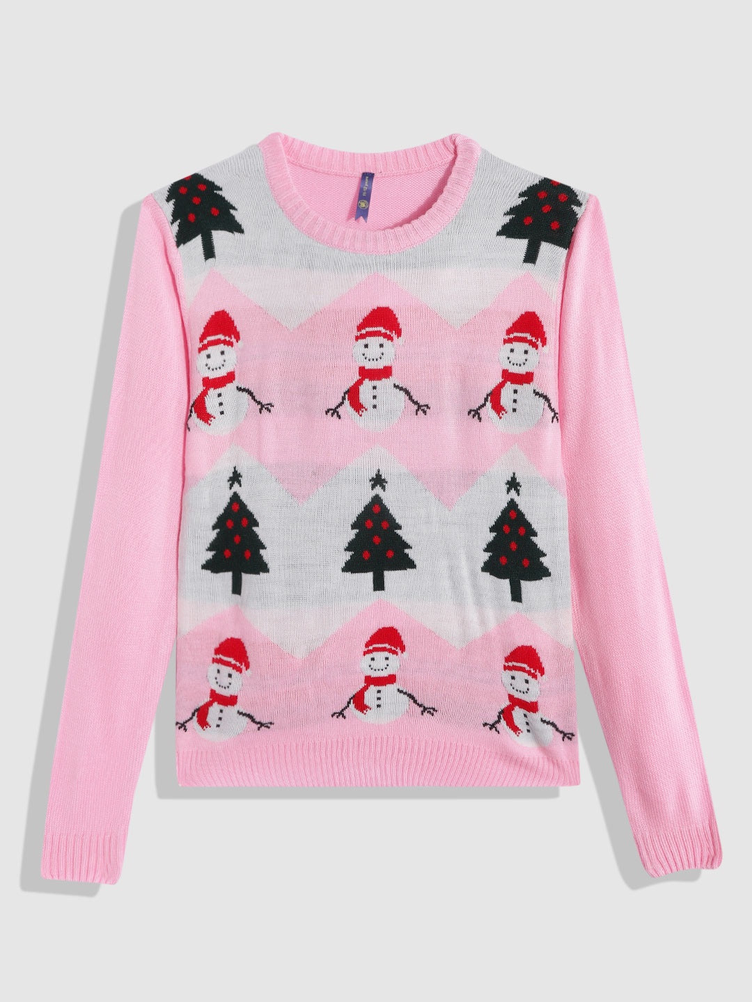 YK Girls Pink Christmas Printed Round Neck Pullover