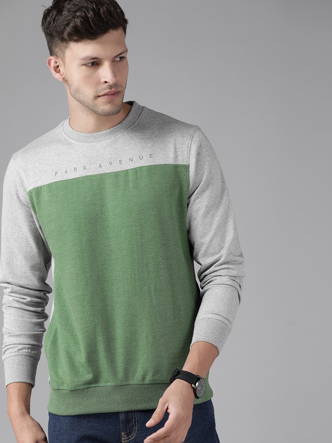 

Park Avenue Men Green & Grey Melange Colourblocked Sweatshirt