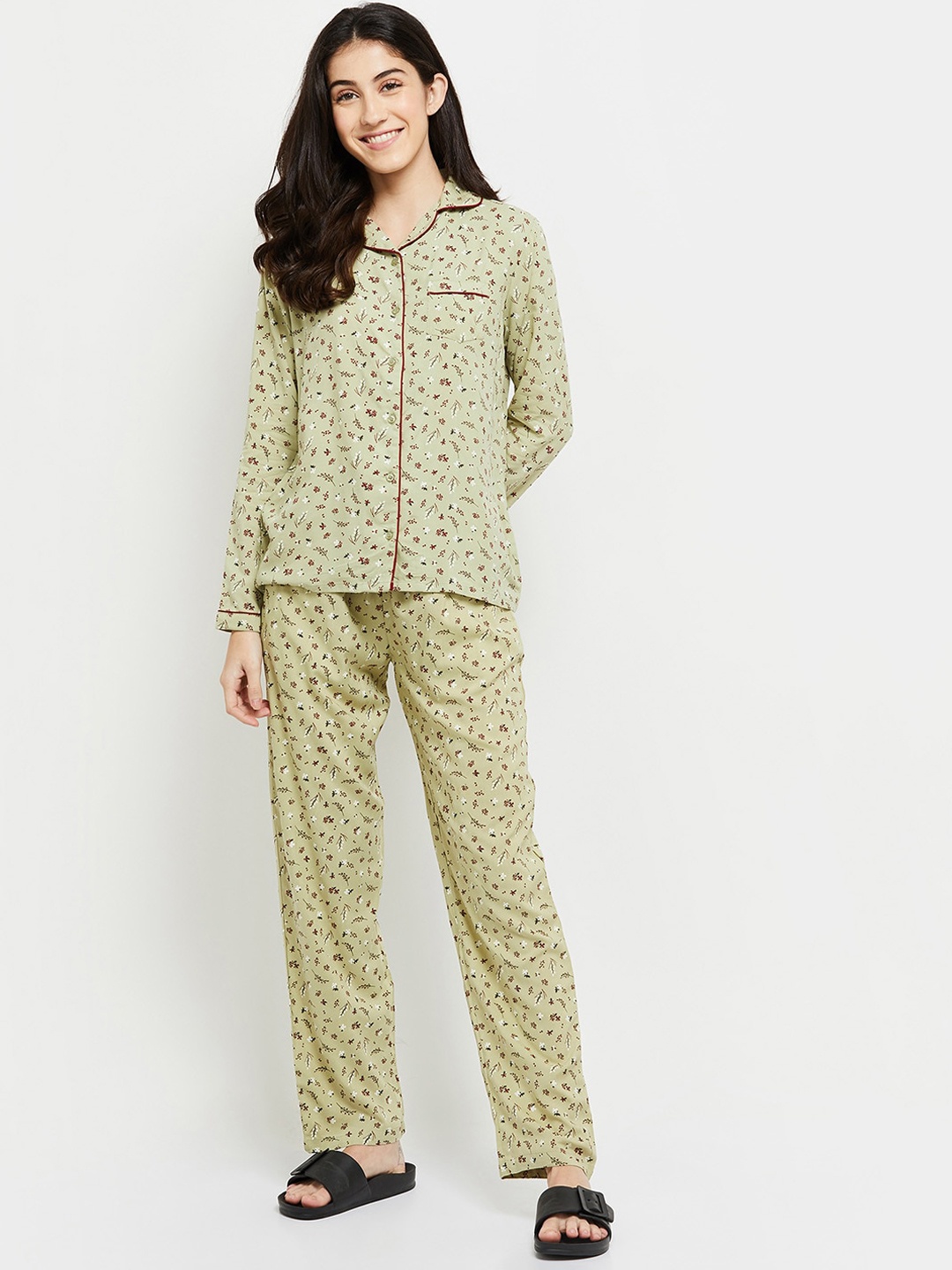 

max Women Green & Purple Printed Night suit