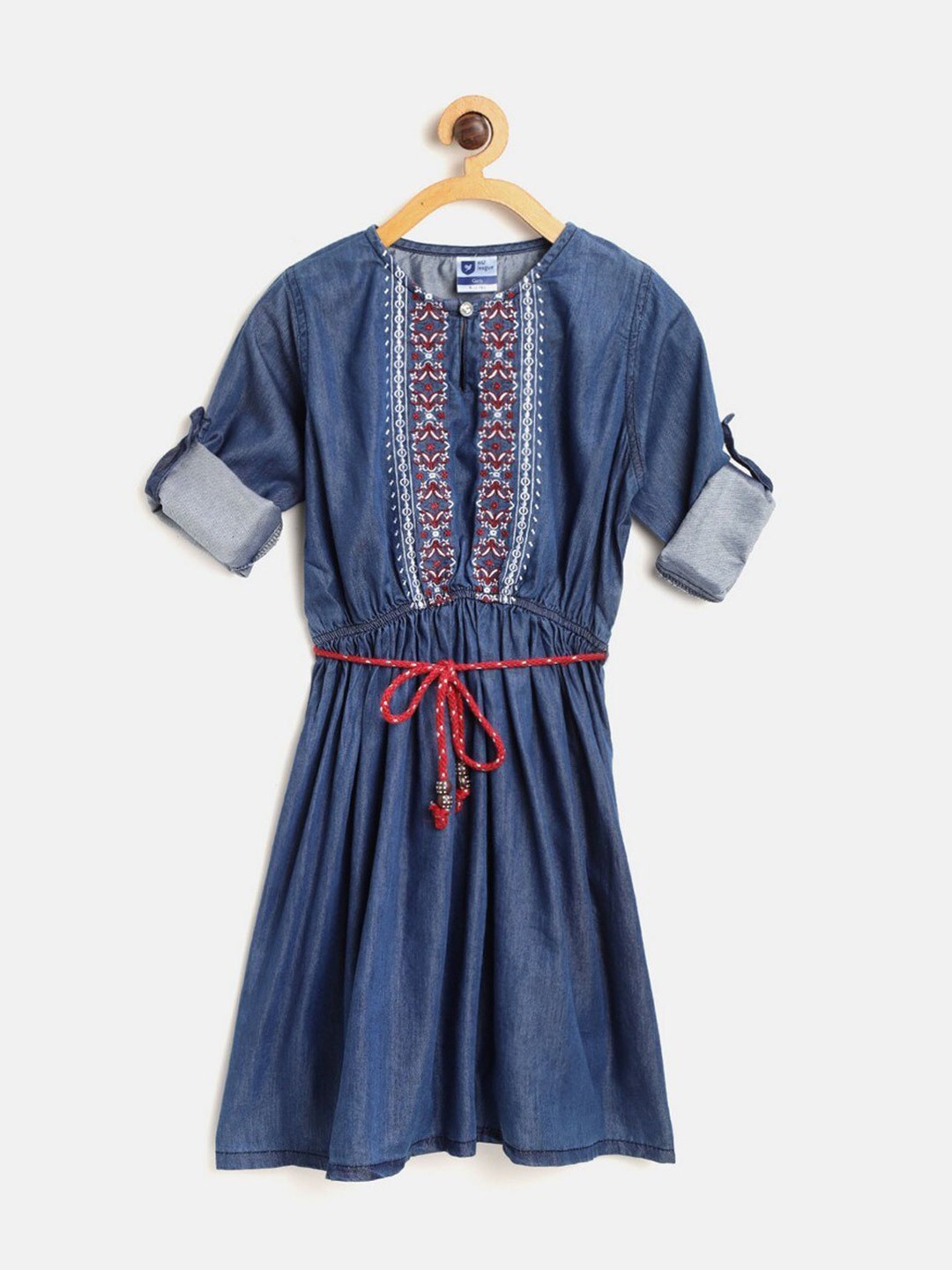 

612League Girls Blue Floral Embroidered Keyhole Neck Dress