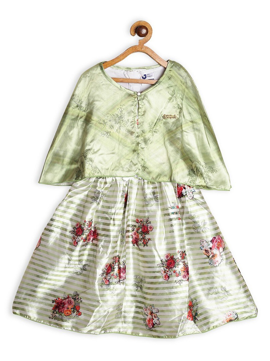 

612League Girls Green & Maroon Floral Satin Dress