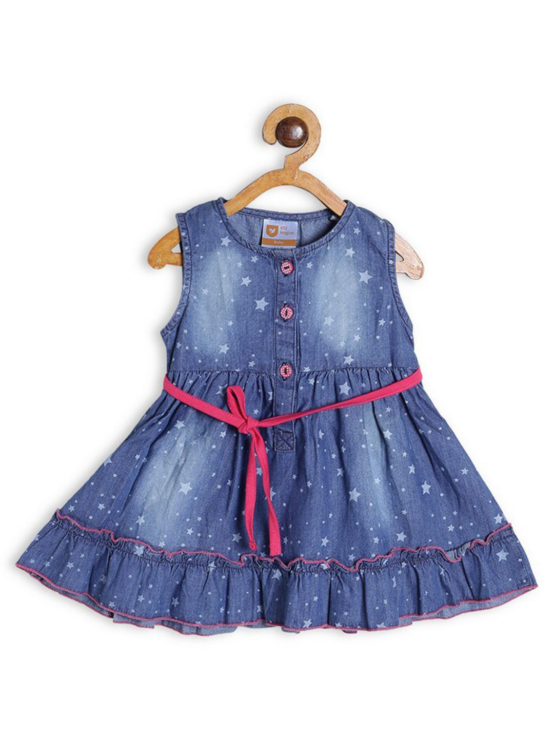 

612League Girls Blue Printed Cotton Fit & Flare Dress