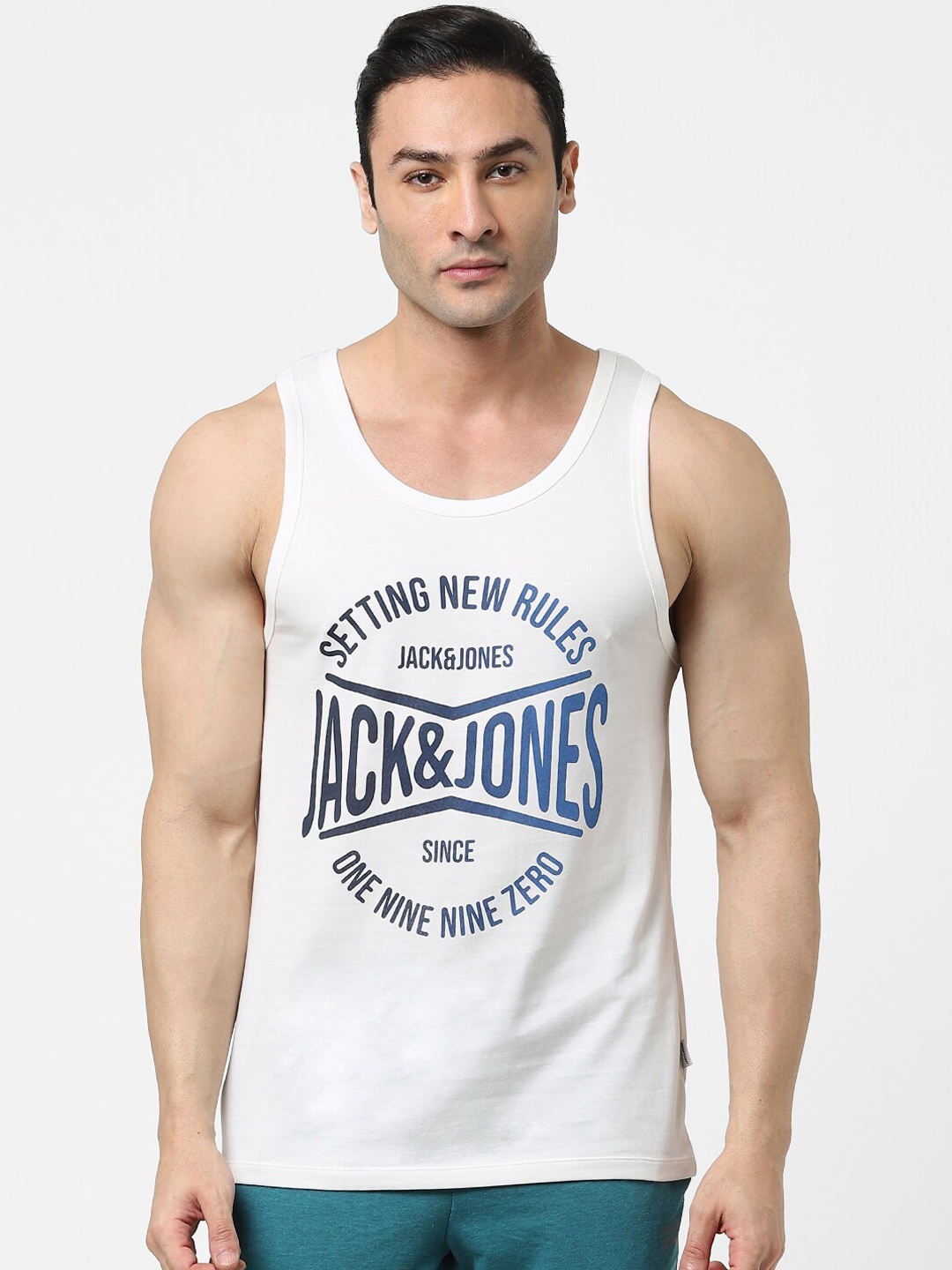 

Jack & Jones Men White & Blue Printed Cotton Gym Vests