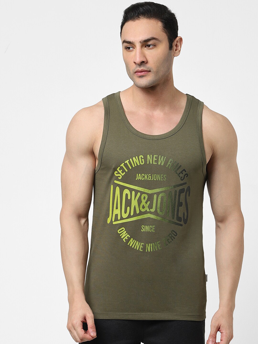 

Jack & Jones Men Green Printed Cotton Innerwear Gym Vests