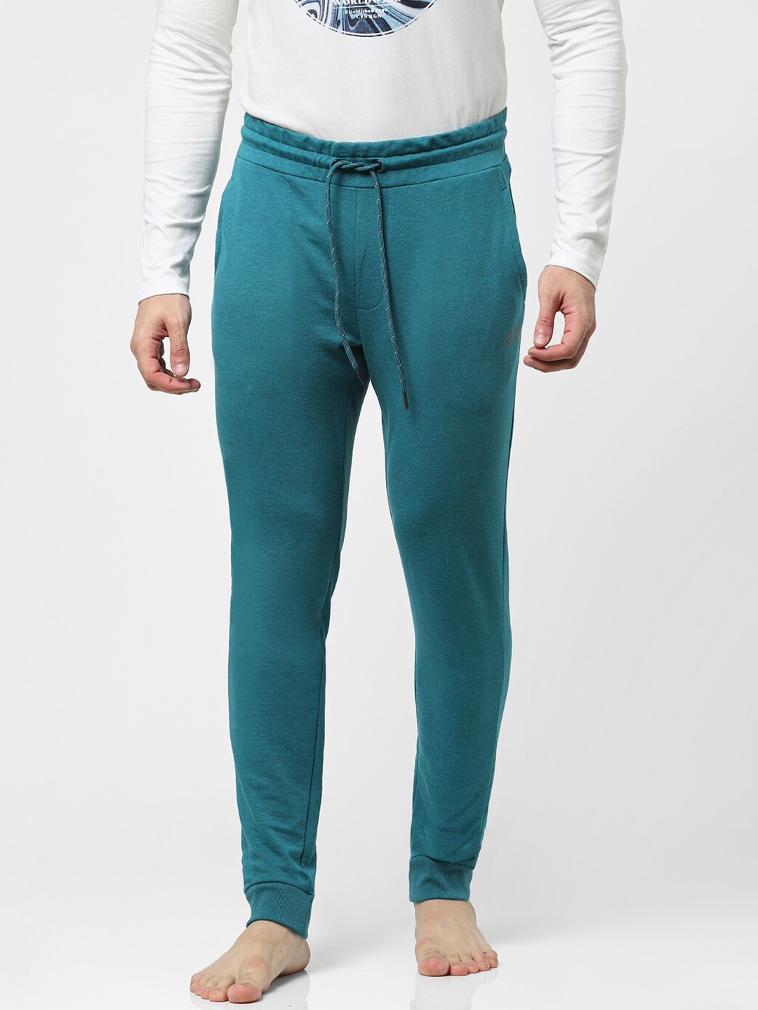 Jack & Jones Men Teal Blue Solid Cotton Lounge Pants