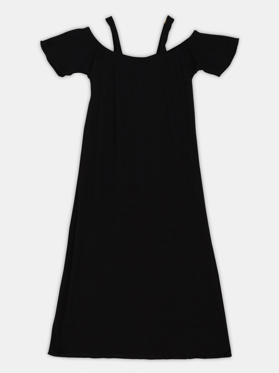 YK Teen Girls Black Cold-Shoulder A-Line Cotton Dress