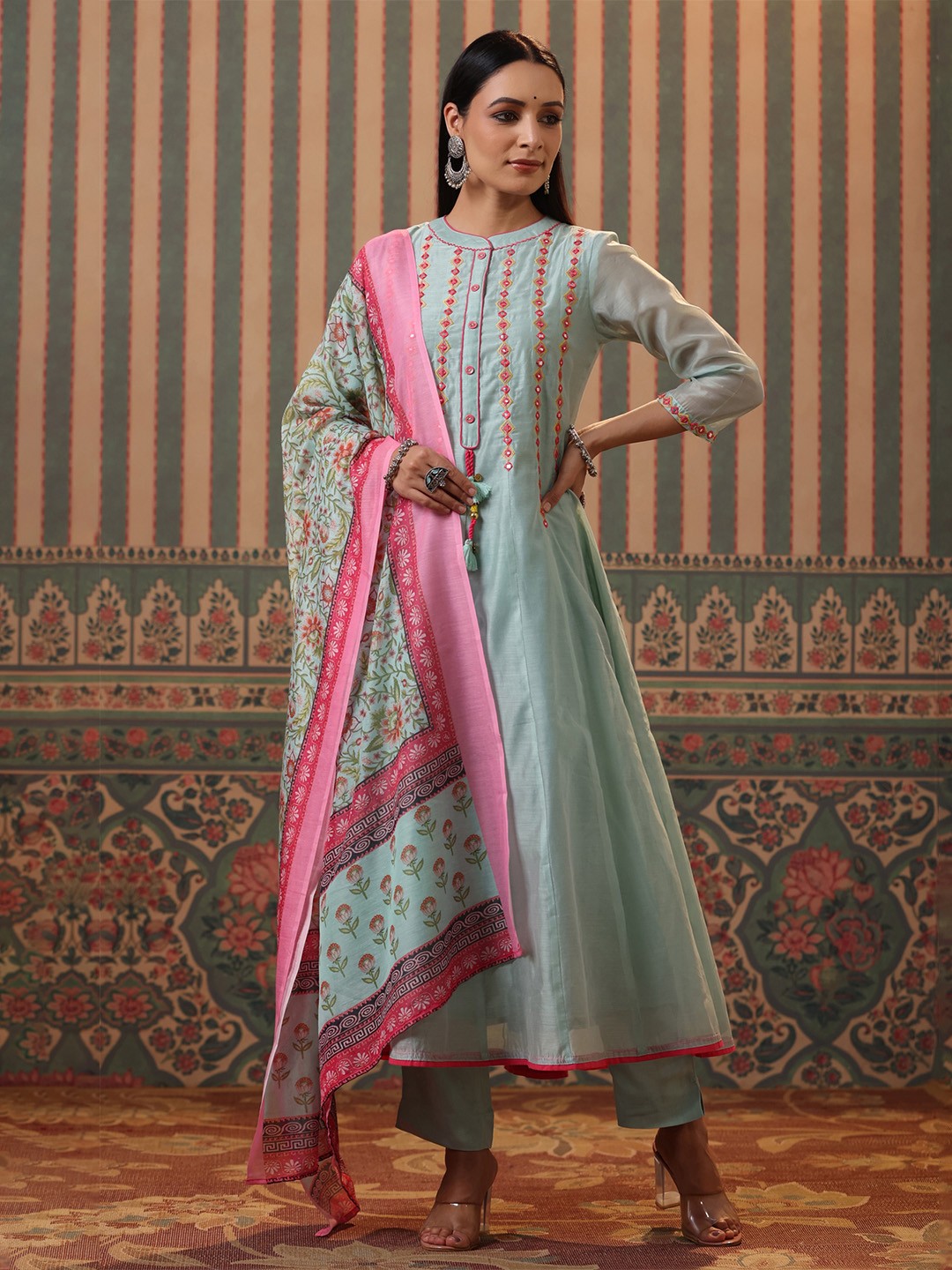 

Rain & Rainbow Women Sea Green Panelled Mirror Work Chanderi Cotton Kurta with Trousers & With Dupatta
