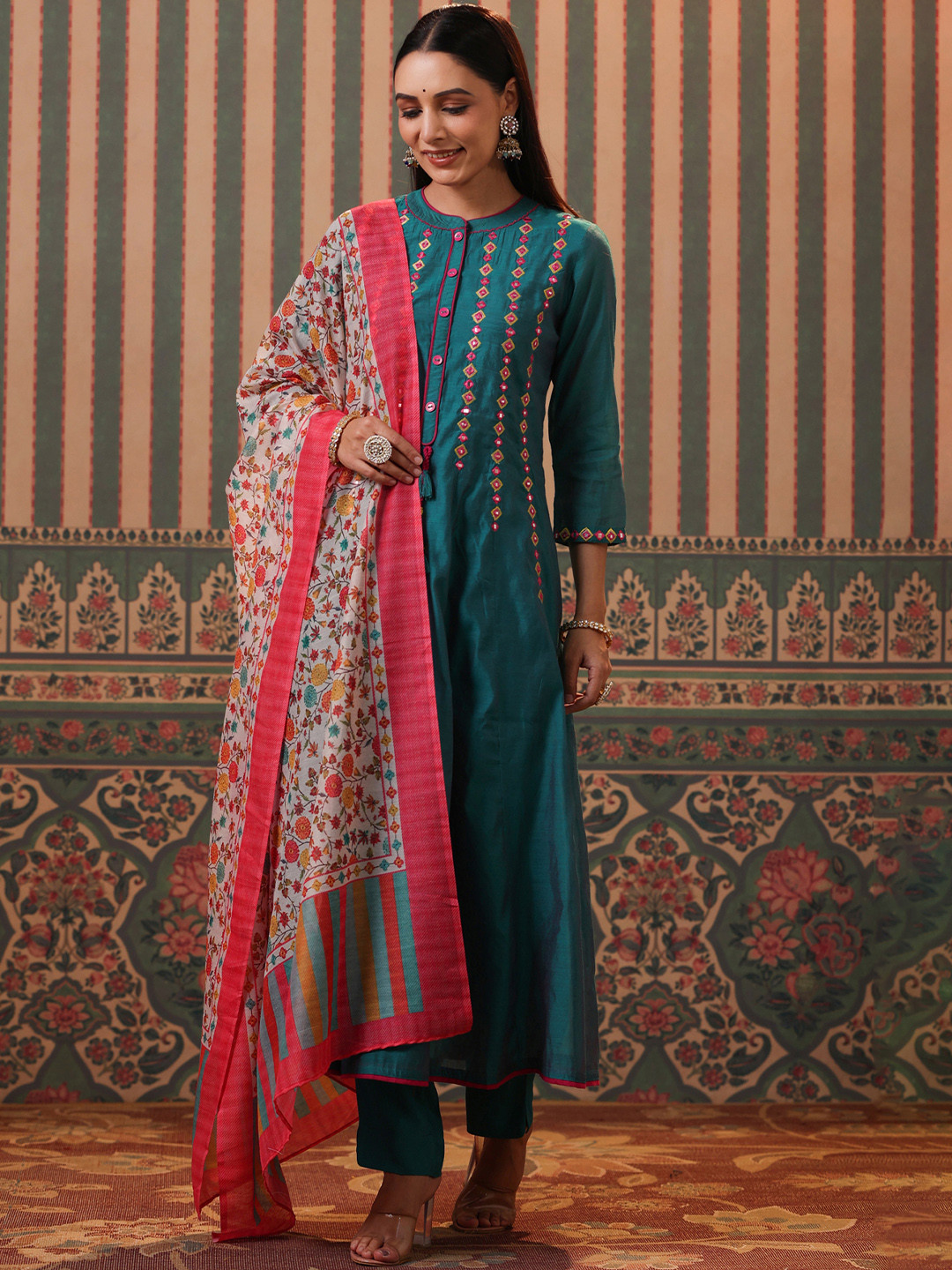

Rain & Rainbow Women Teal Panelled Mirror Work Chanderi Cotton Kurta with Trousers & With Dupatta