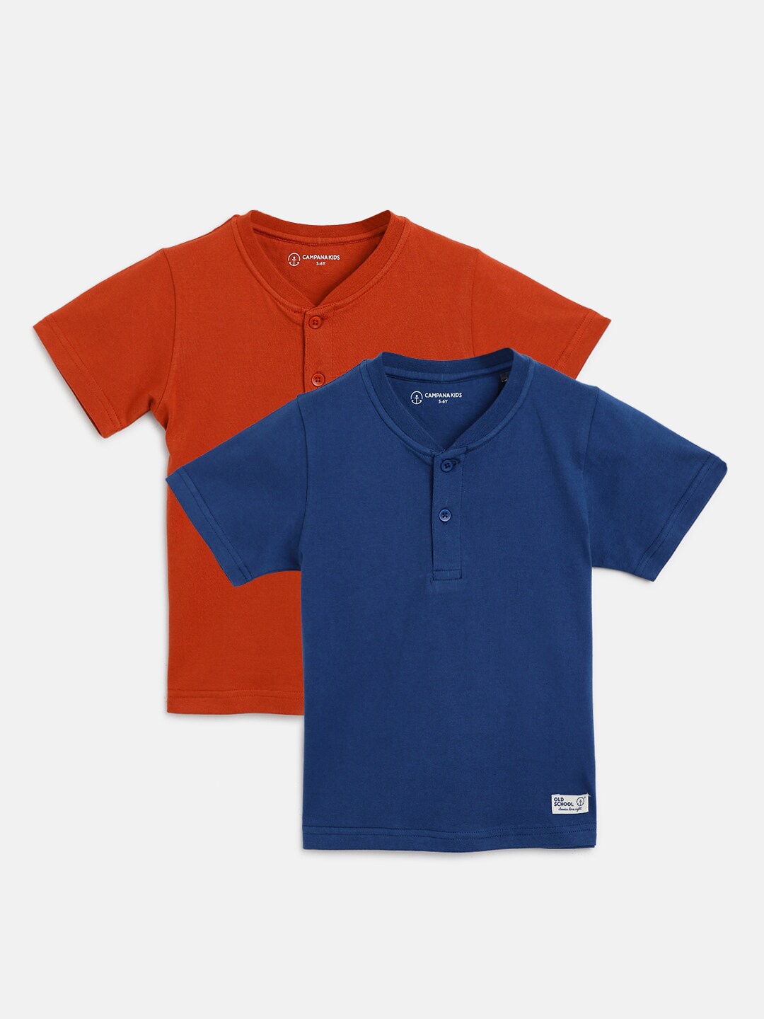 

Campana Boys Pack of 2 Blue & Rust Henley Neck Pure Cotton T-shirt