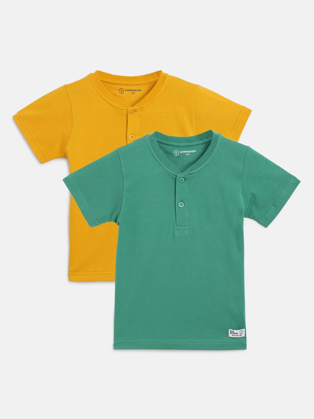 

Campana Pack of 2 Boys Yellow & Green Henley Neck Pure Cotton T-shirt