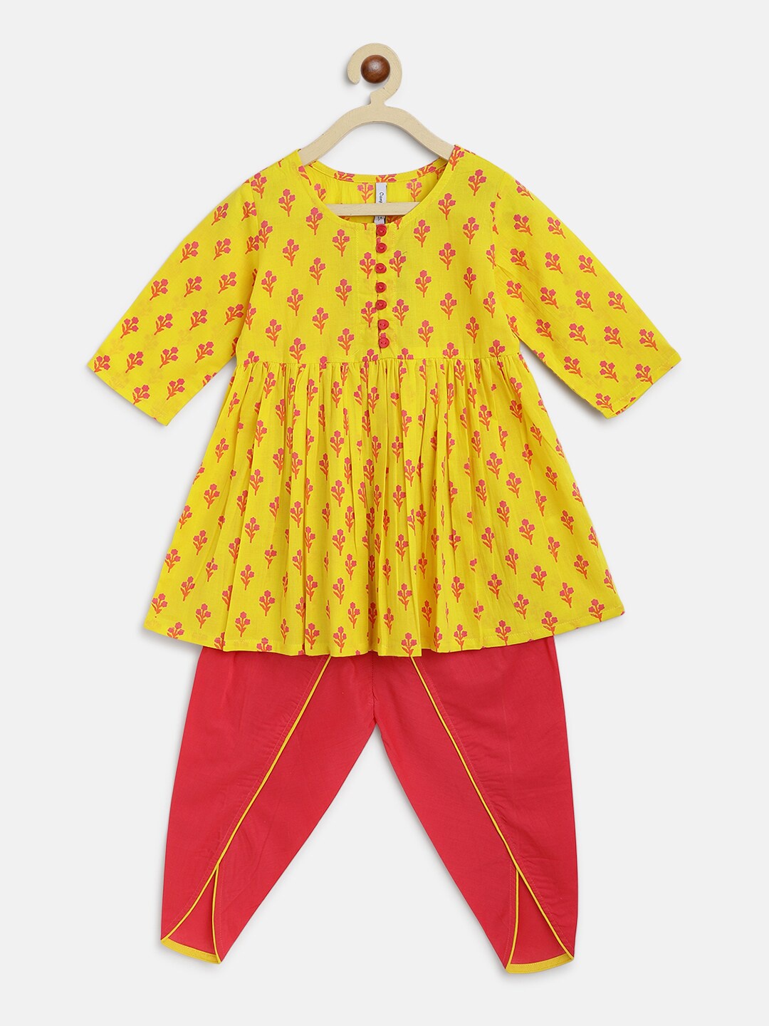 

Campana Girls Yellow Floral Printed Pure Cotton Kurta with Dhoti Pants