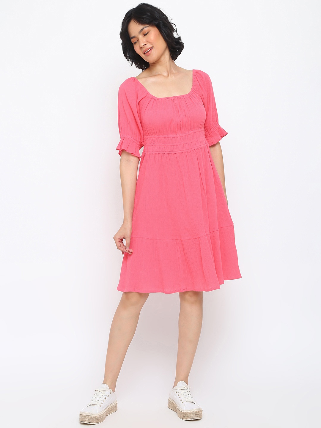 

Fabindia Pink Crinkled Square Neck Empire Dress with Belt