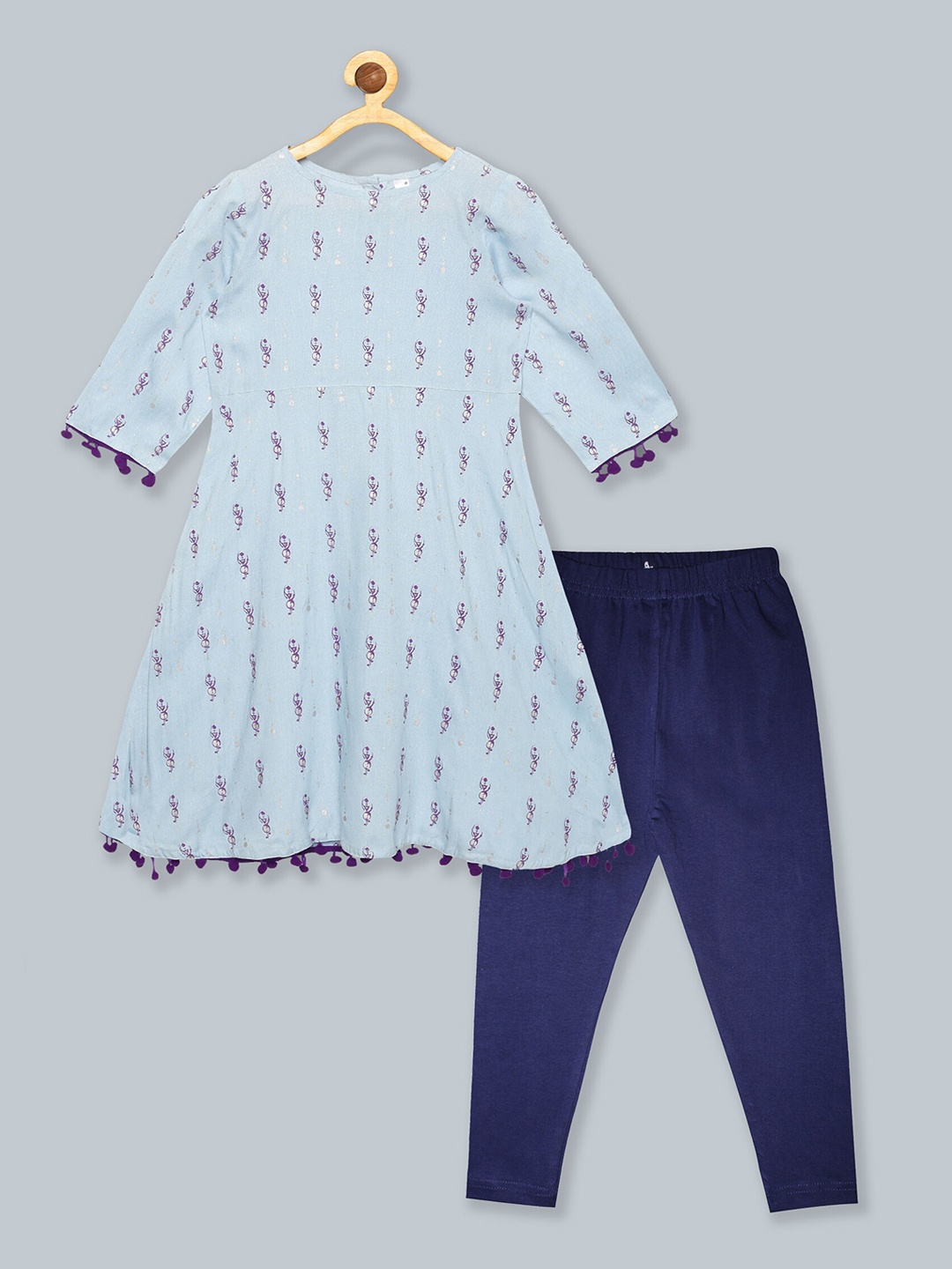 

KiddoPanti Girls Blue Printed Pom Pom Hem Kurta & Solid Lycra Legging Set