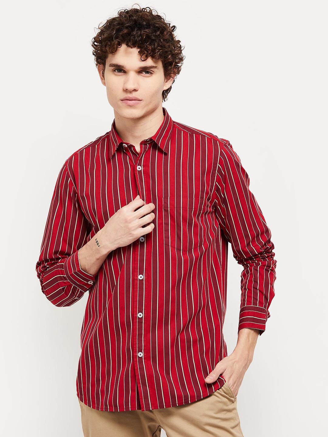 

max Men Maroon Striped Casual Shirt