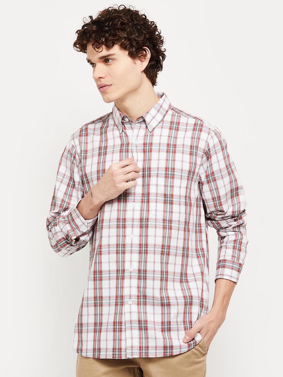 

max Men White Tartan Checks Checked Cotton Casual Shirt