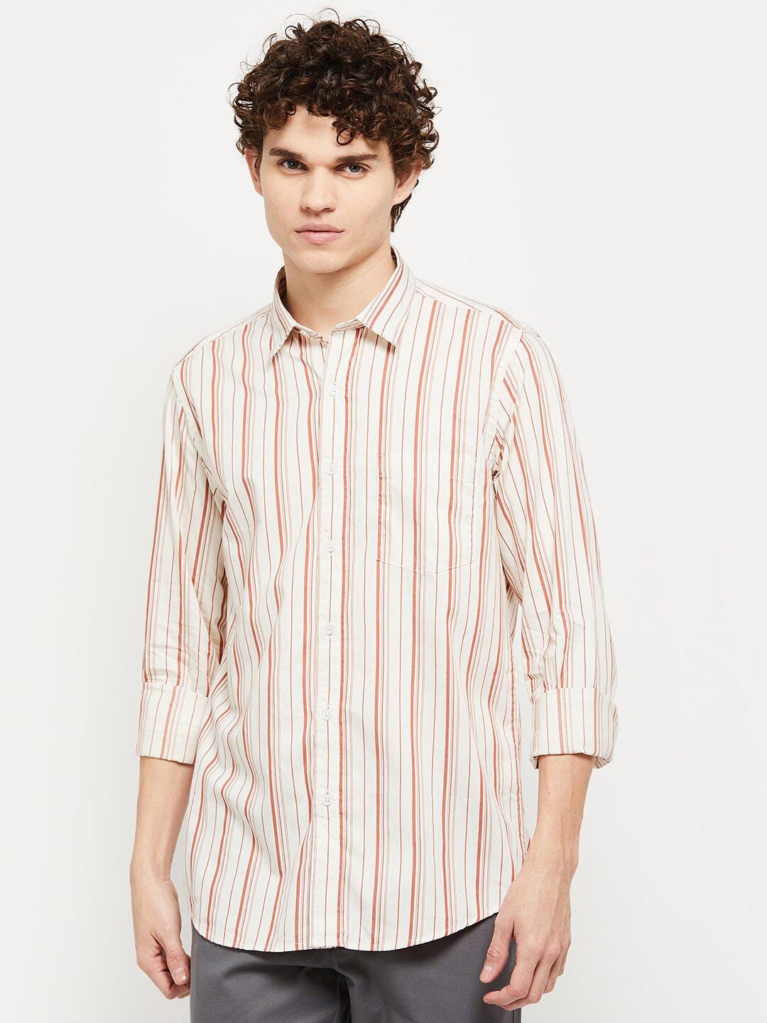 

max Men Beige Striped Cotton Spread Collar Casual Shirt