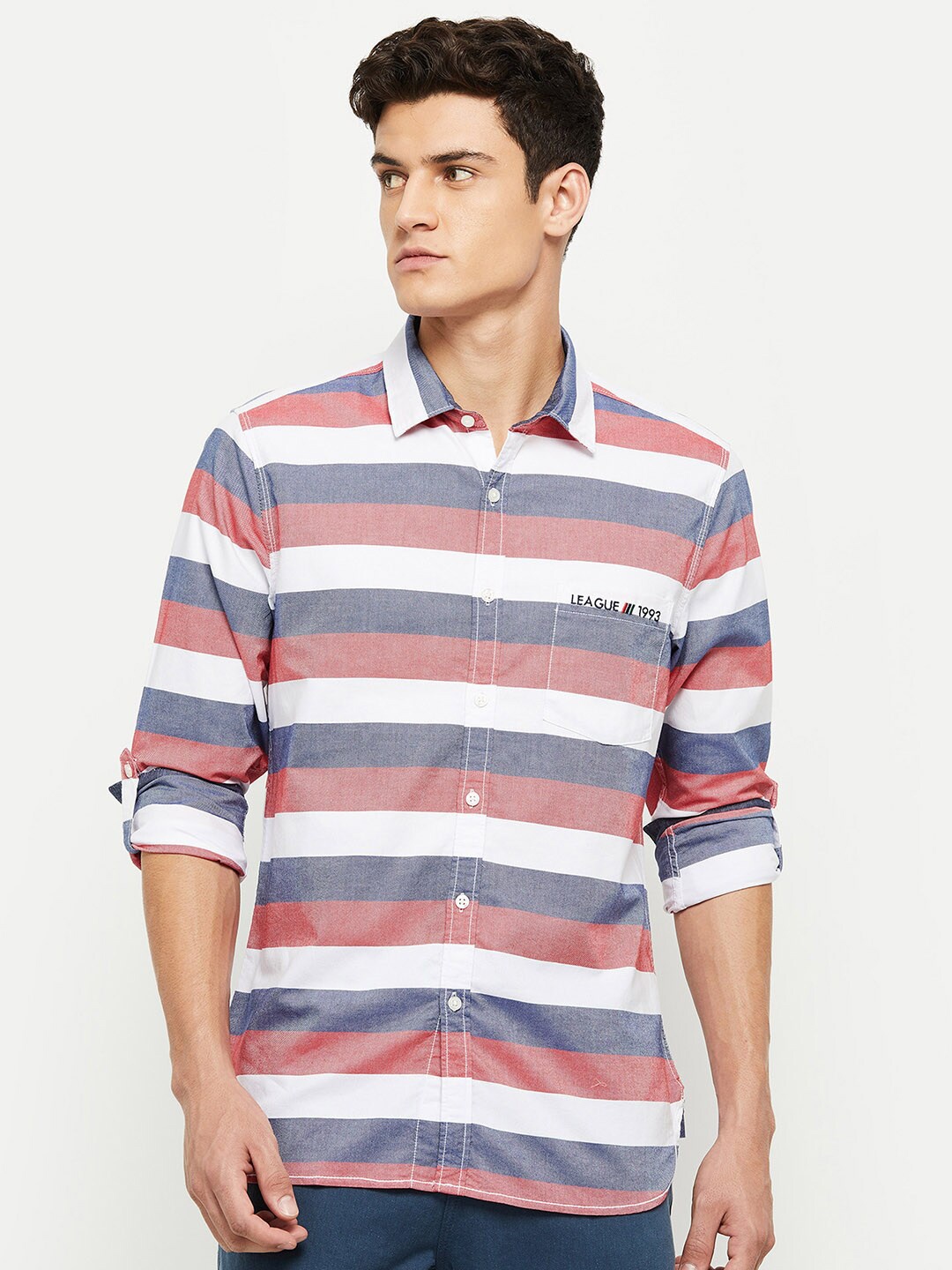 

max Men White Horizontal Stripes Striped Casual Shirt