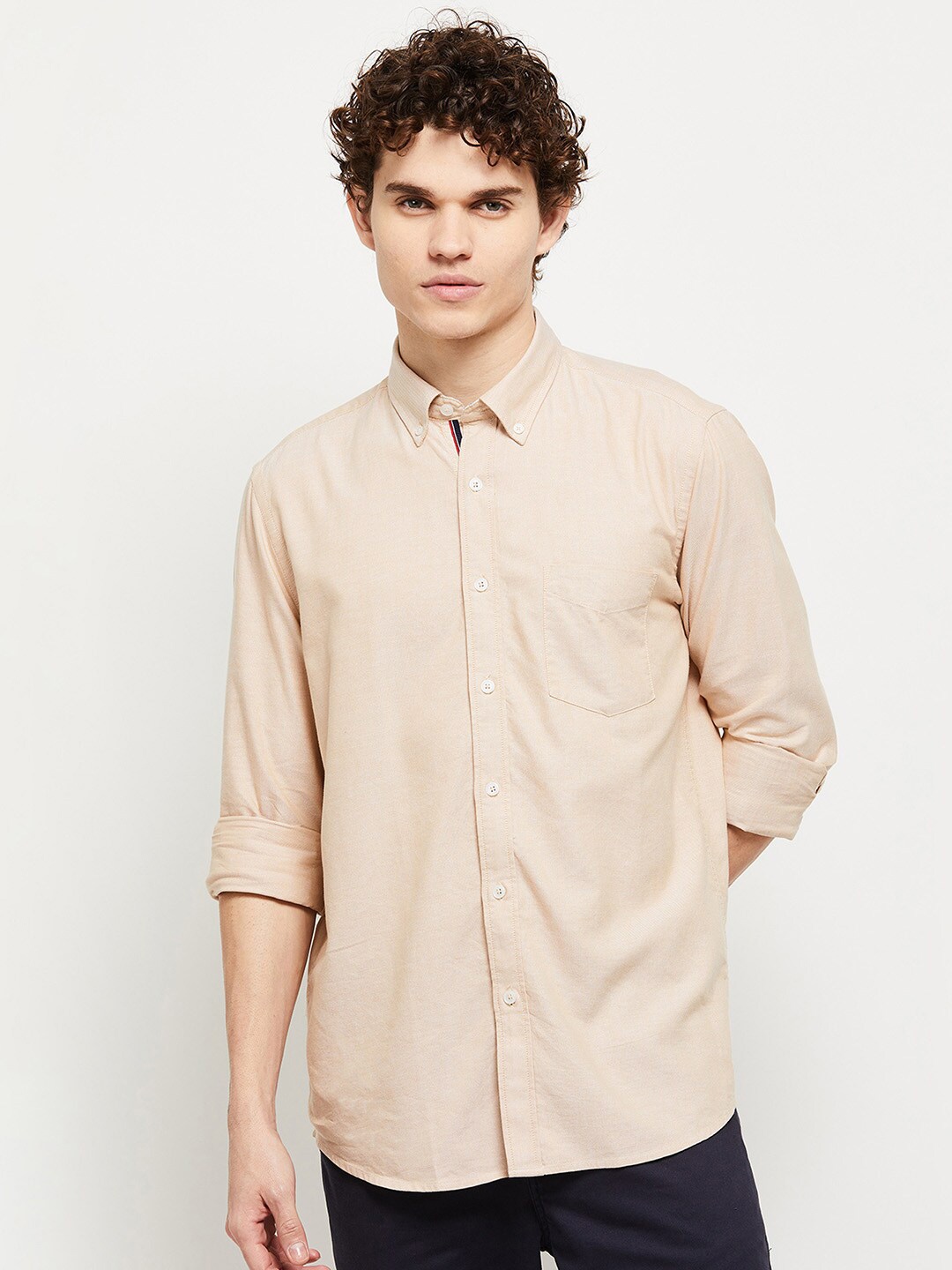 

max Men Beige Striped Spread Collar Casual Long Roll Up Sleeves Shirt
