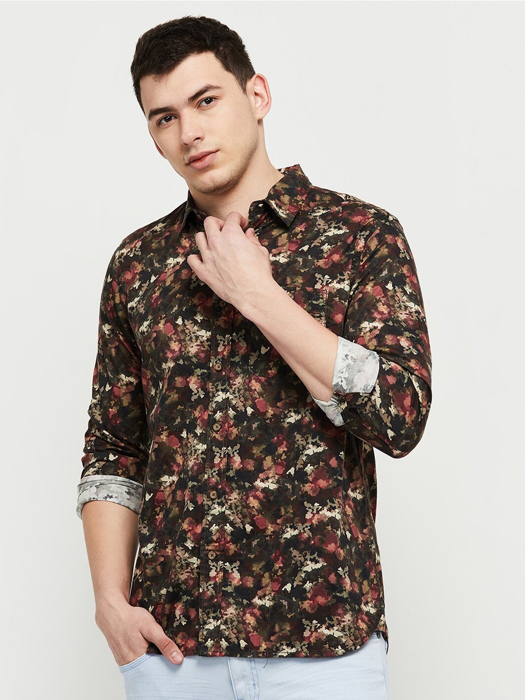 

max Men Brown Floral Printed Pure Cotton Casual Shirt