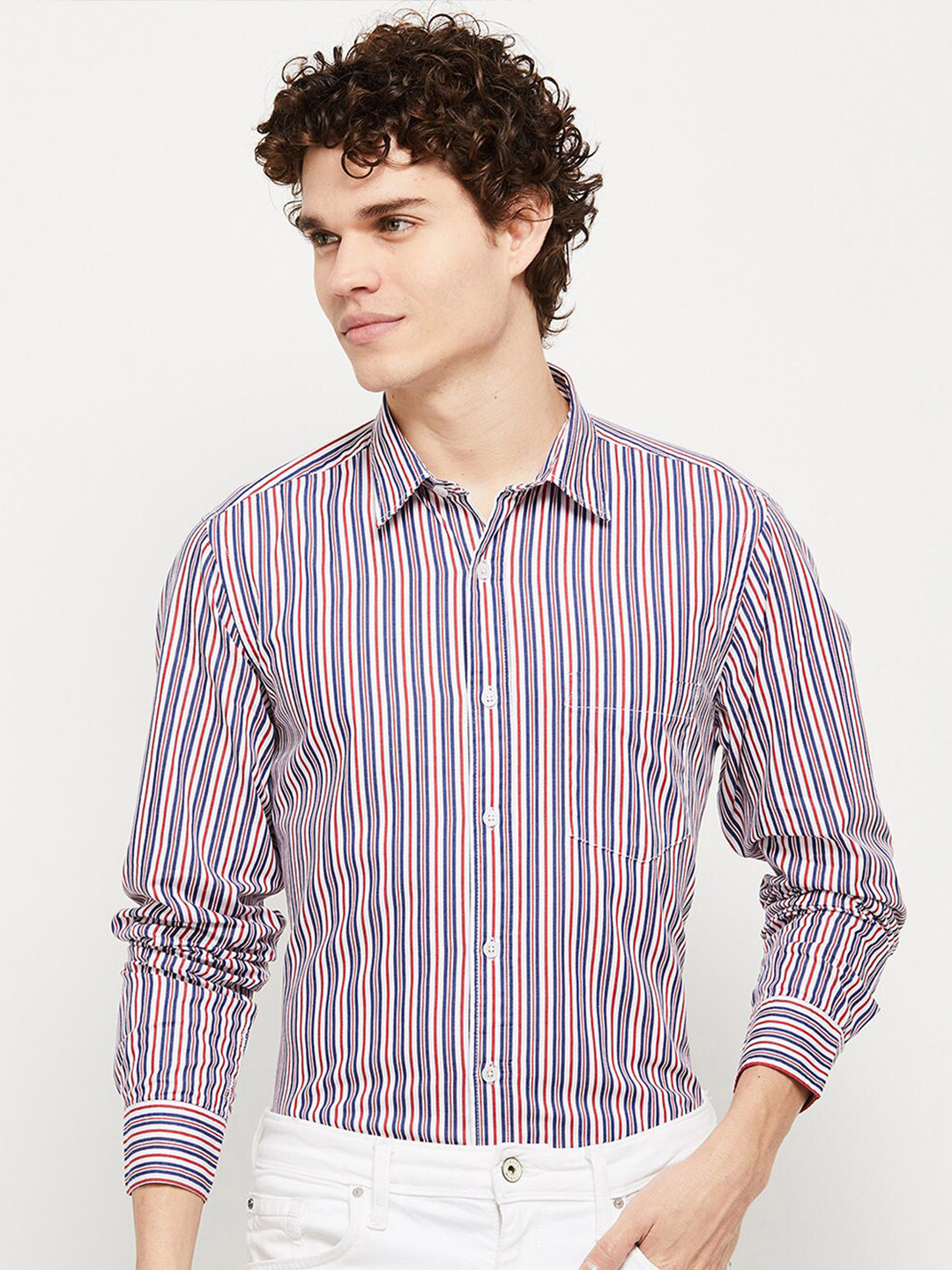 

max Men White Striped Cotton Formal Shirt