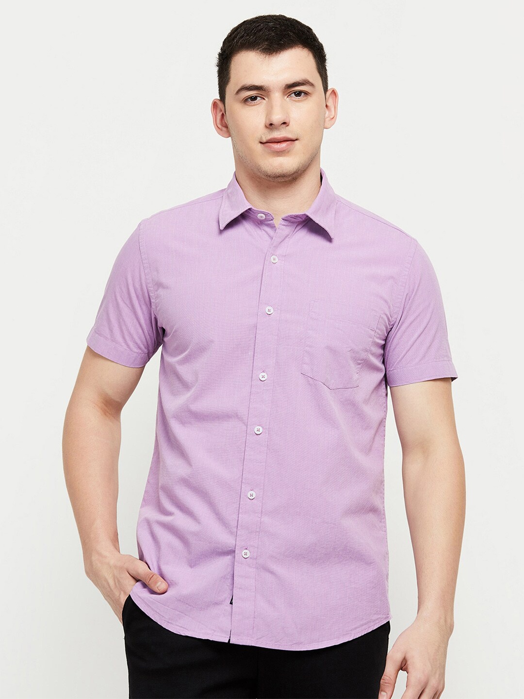 

max Men Purple Solid Casual Short Sleeves Shirt