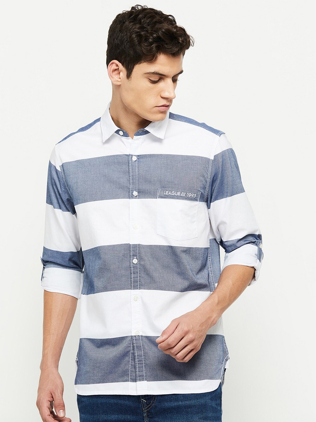 

max Men White Horizontal Stripes Striped Casual Shirt
