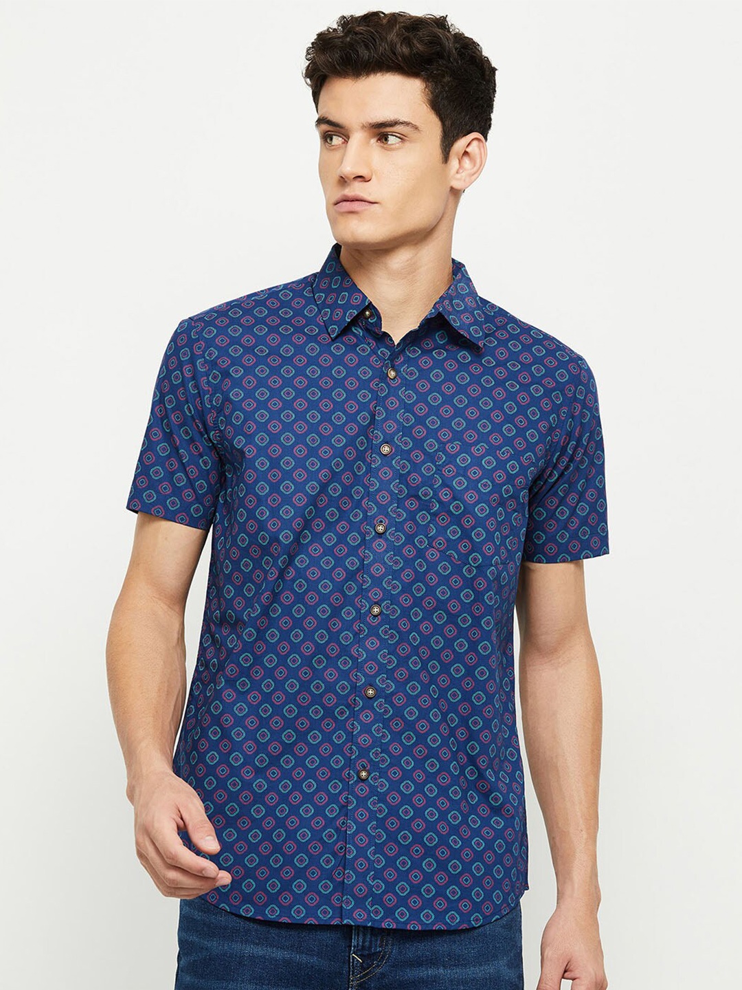 

max Men Blue Printed Casual Shirt