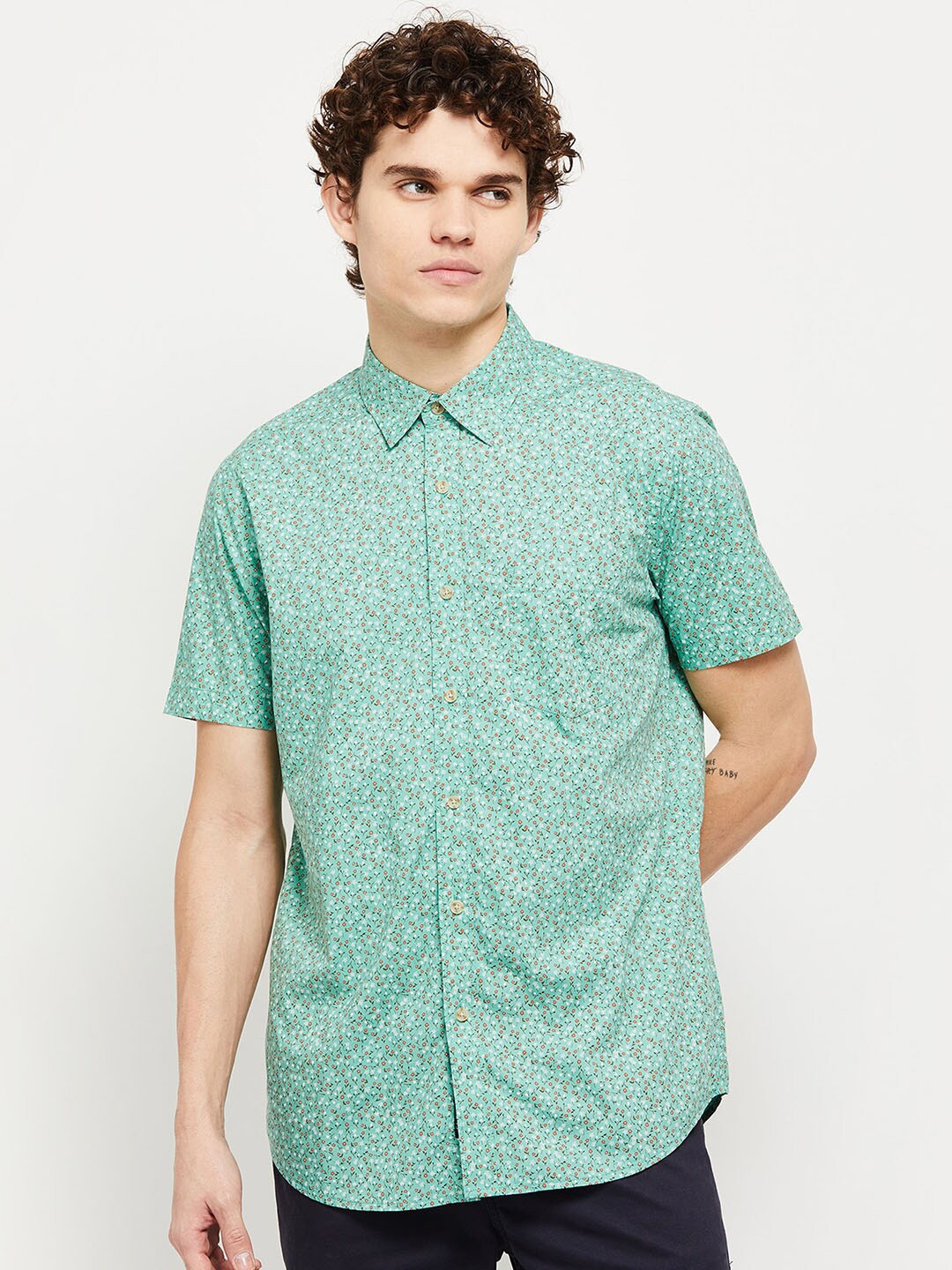 

max Men Sea Green Micro Ditsy Printed Pure Cotton Casual Shirt