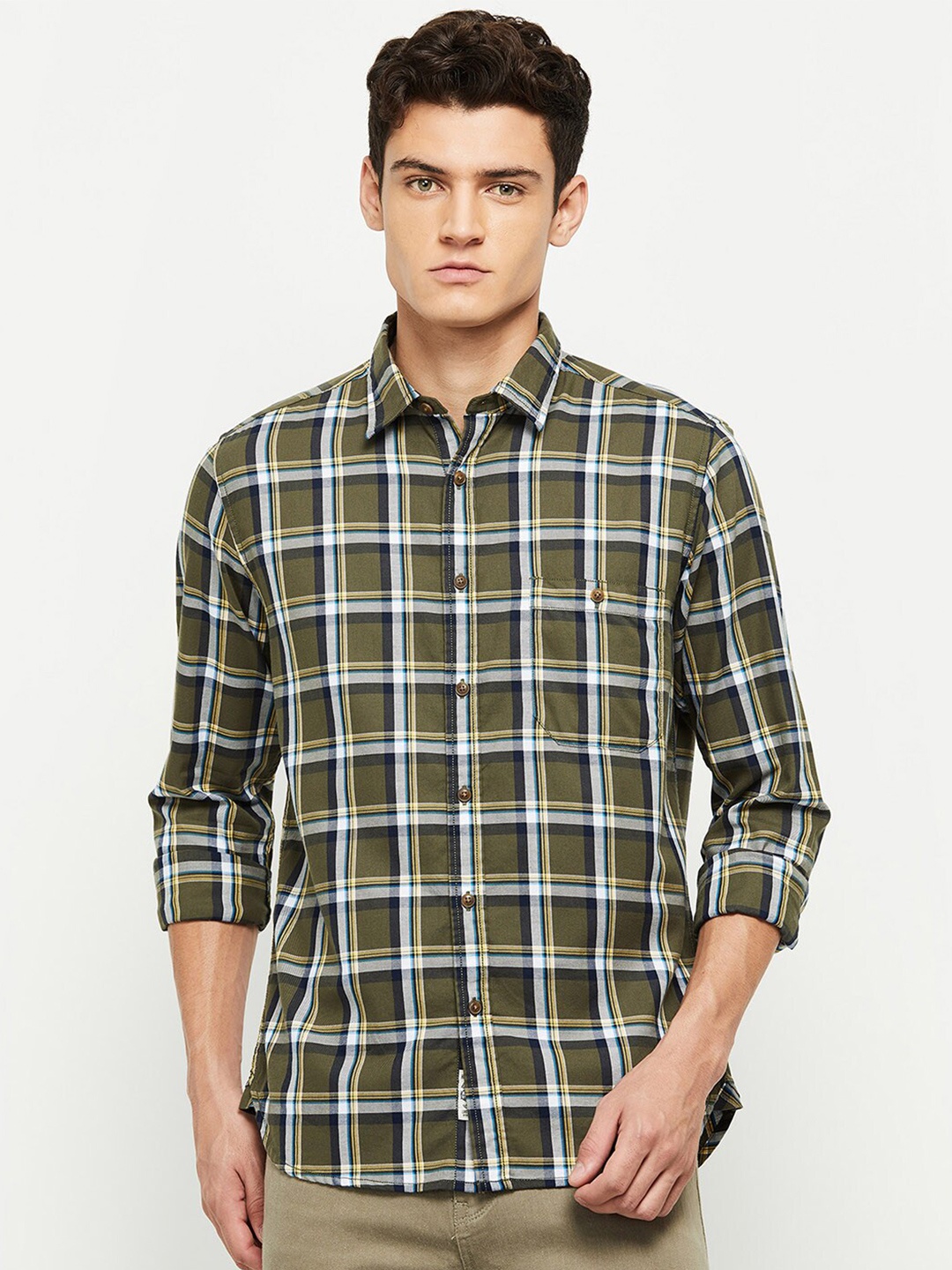 

max Men Olive Green Checked Cotton Casual Shirt