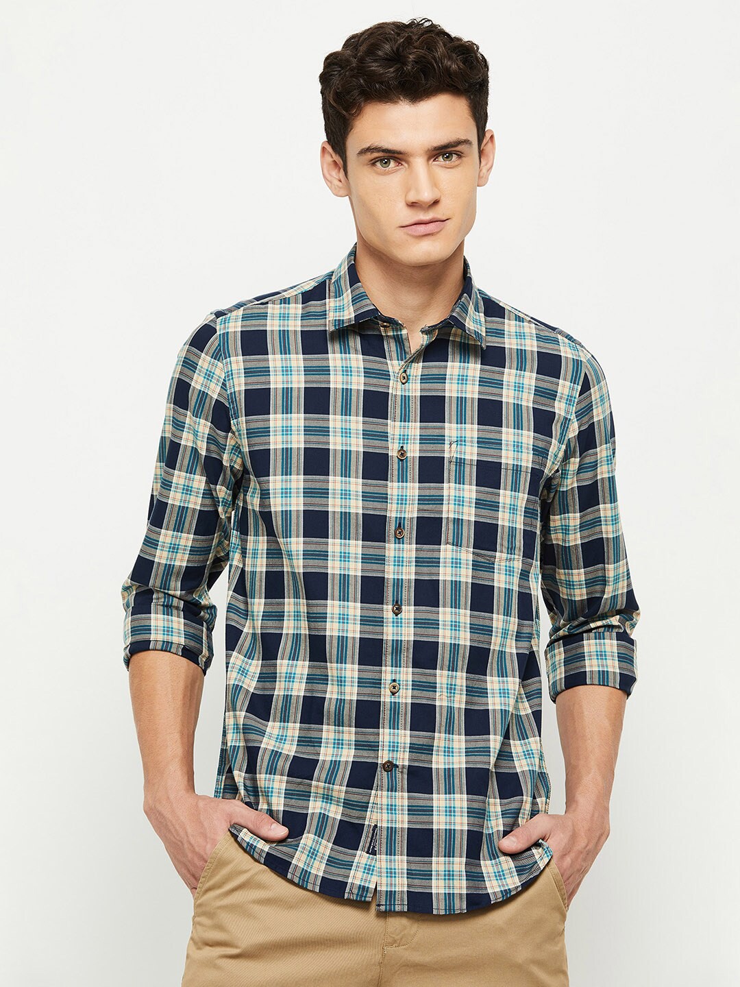 

max Men Blue Tartan Checks Checked Casual Shirt