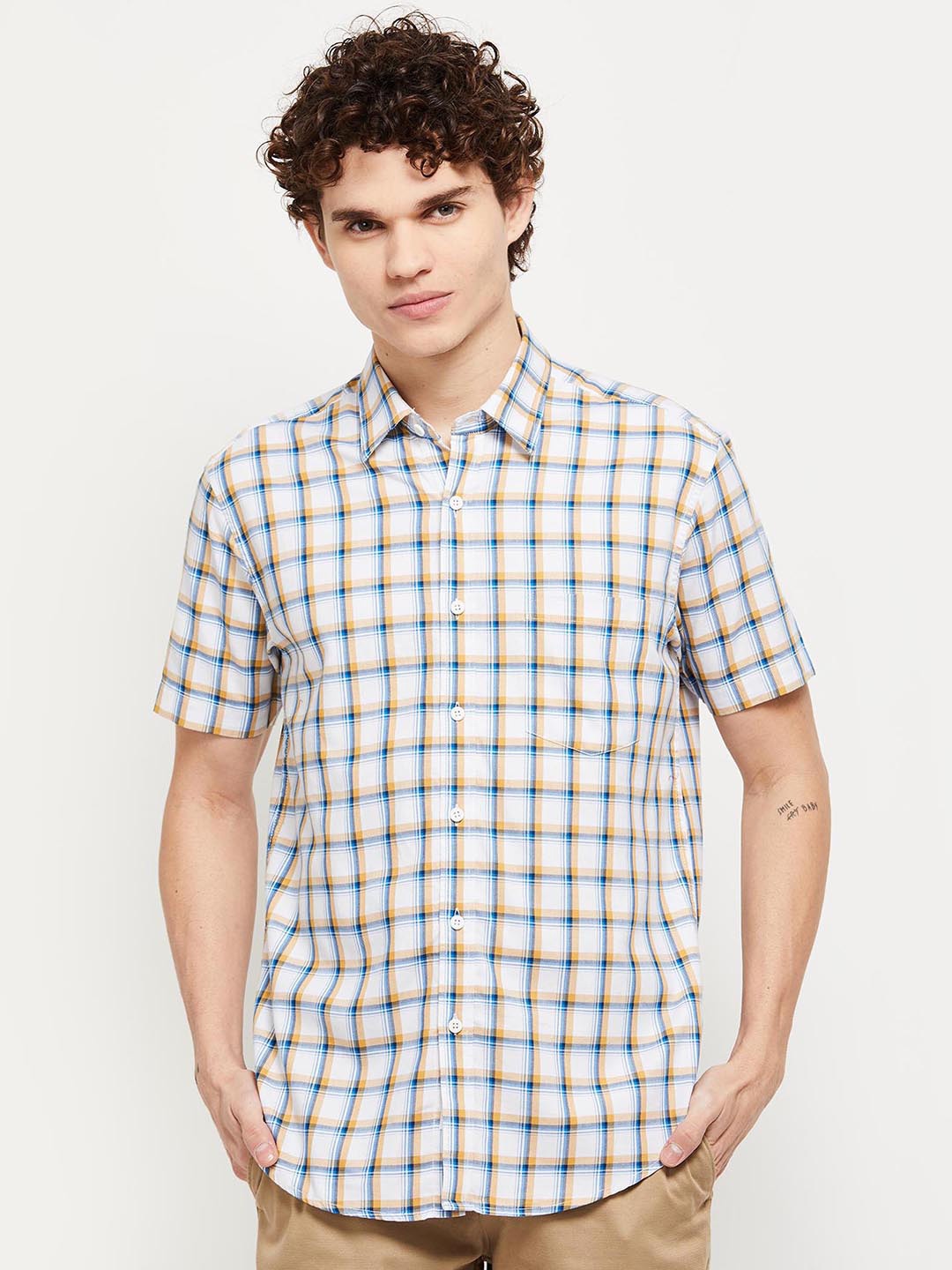 

max Men Off White Checked Casual Pure Cotton Shirt