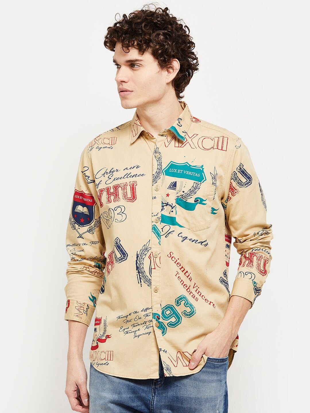 

max Men Beige Printed Casual Shirt