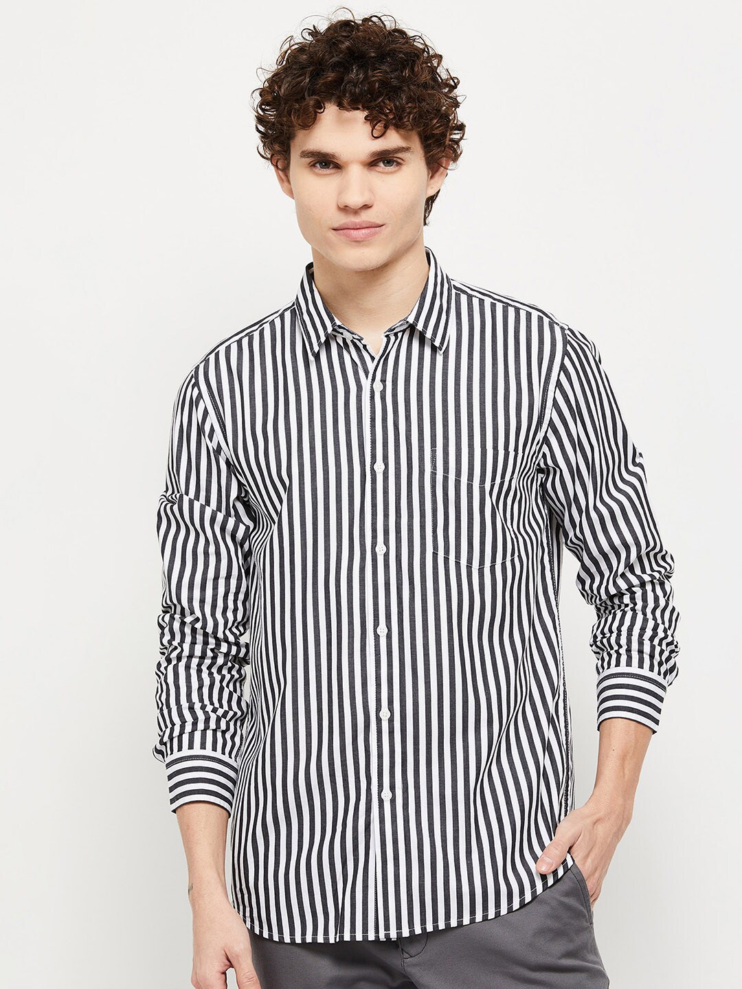 

max Black Printed Striped Cotton Long Roll-Up Sleeves Casual Shirt