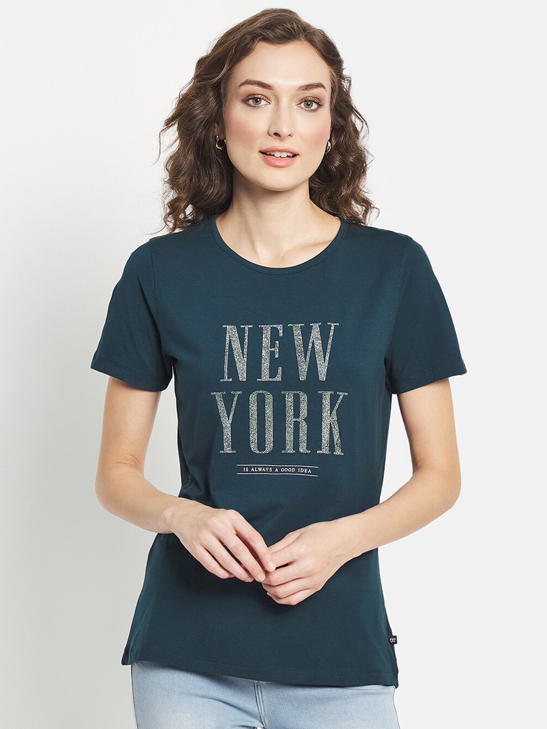 

METTLE Women Teal Typography Printed T-shirt